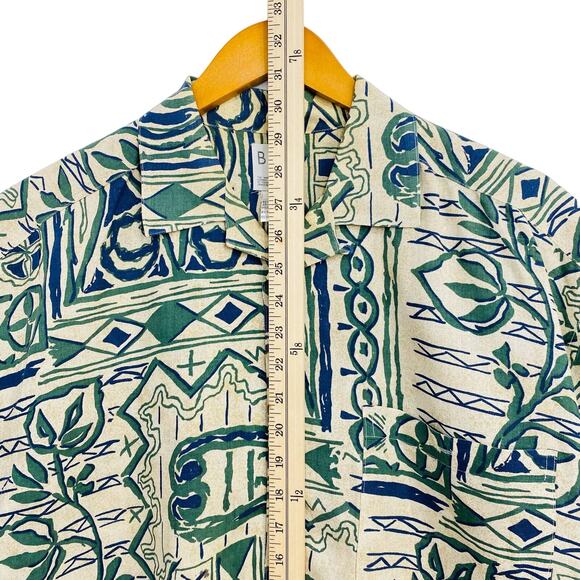 BTB Hawaiian Shirt Men's Large Tan Green Tropical Short Sleeve Button Up Linen - Picture 8 of 9